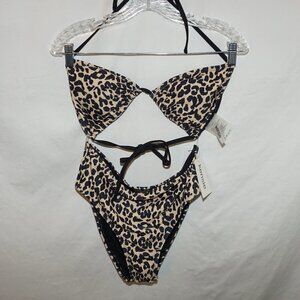 Kensie Cheetah Leopard Animal Print Medium Coverage Drawstring Swimsuit Bikini M